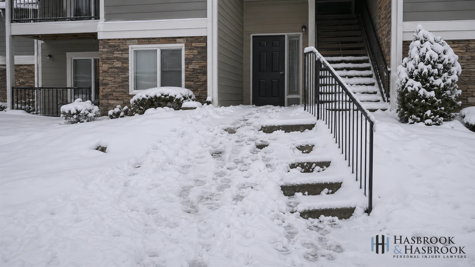 Snow accumulation at apartment building entrance showing unshoveled walkway and steps