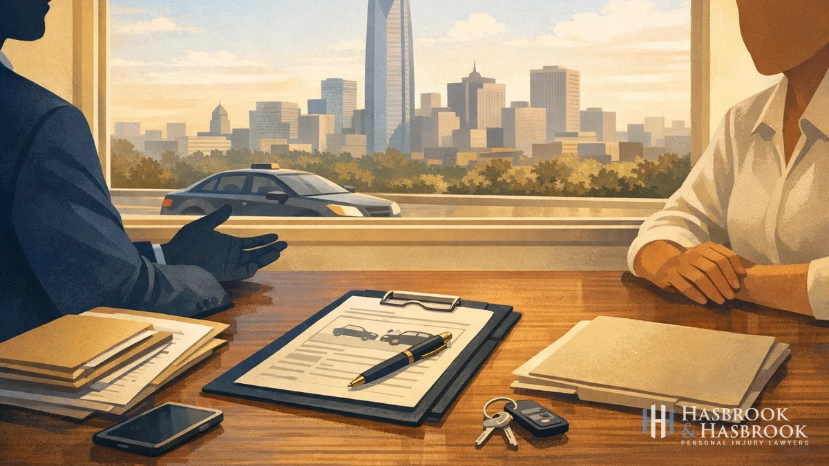 Illustration of a Midwest City rideshare case consultation with Oklahoma City skyline