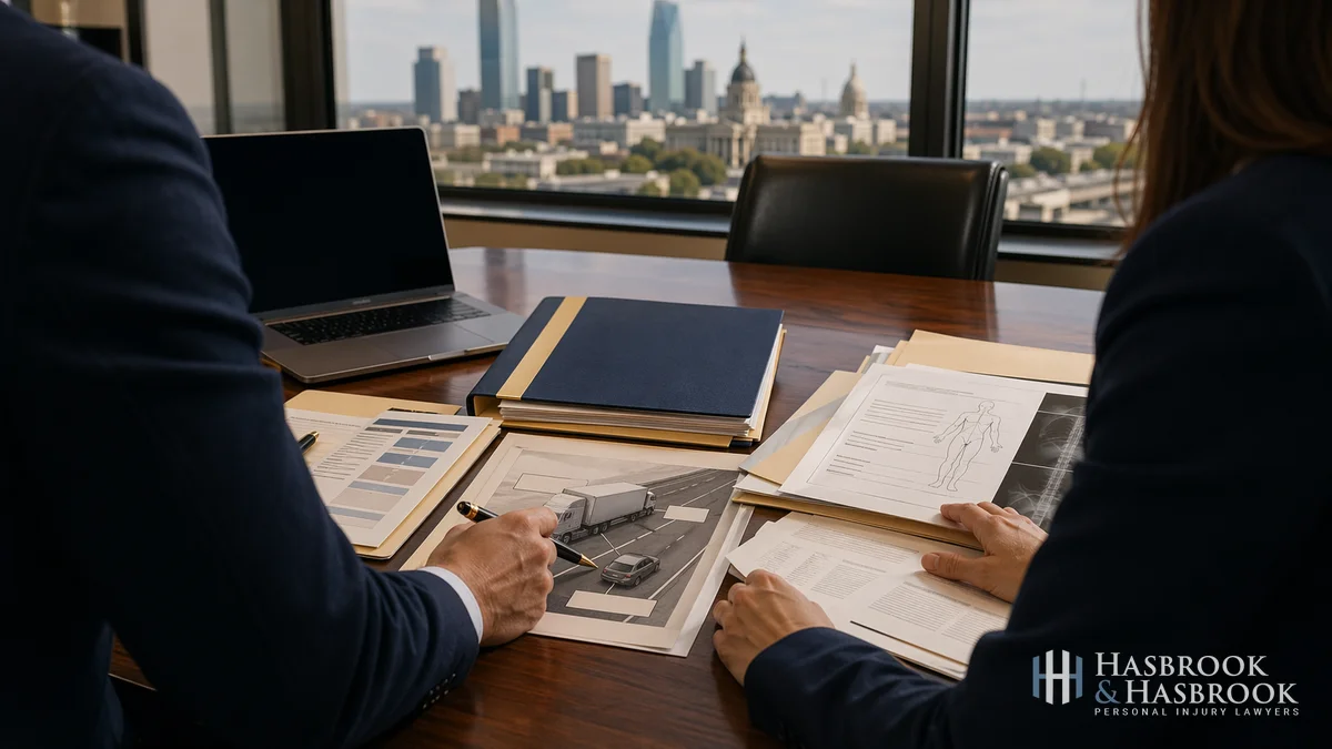 Truck Case Document Review Oklahoma City attorneys reviewing truck accident case documents in an office without identifiable faces