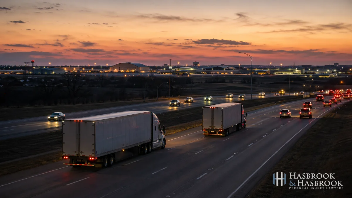 Midwest City I-40 Truck Hero Commercial trucks traveling I-40 through Midwest City with the Tinker AFB area visible on the horizon at dusk