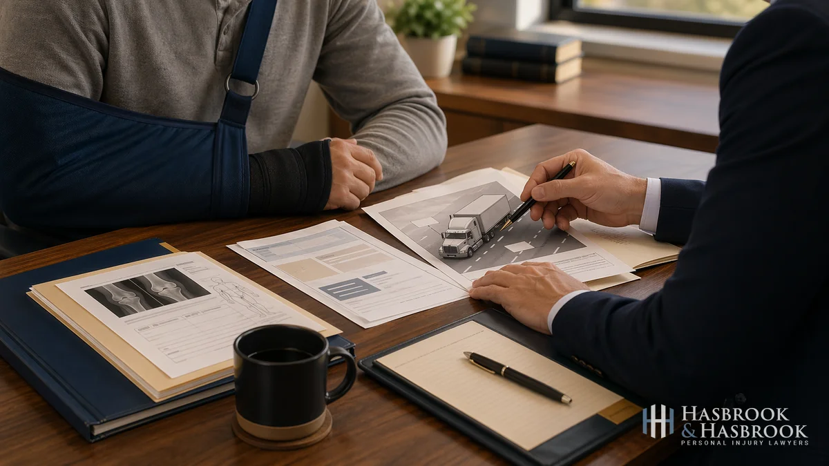 Injured Client Consultation Injured person consulting with an attorney at a desk reviewing truck accident documents