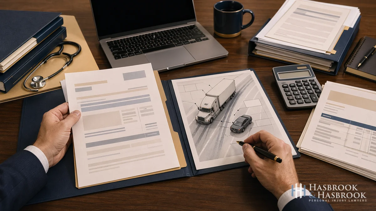 Insurance Claim Review Insurance claim review with medical bills and trucking case documents on a desk