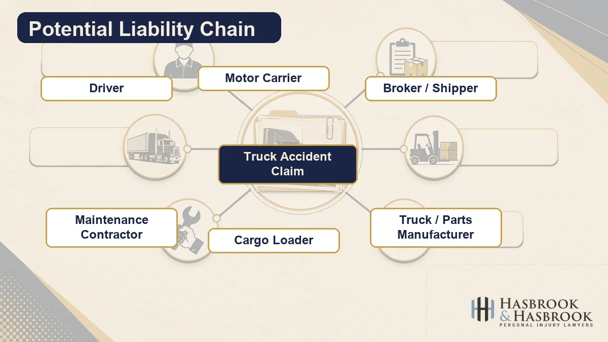 Six-Party Liability Chain Six-party liability chain diagram for an Oklahoma commercial truck accident claim