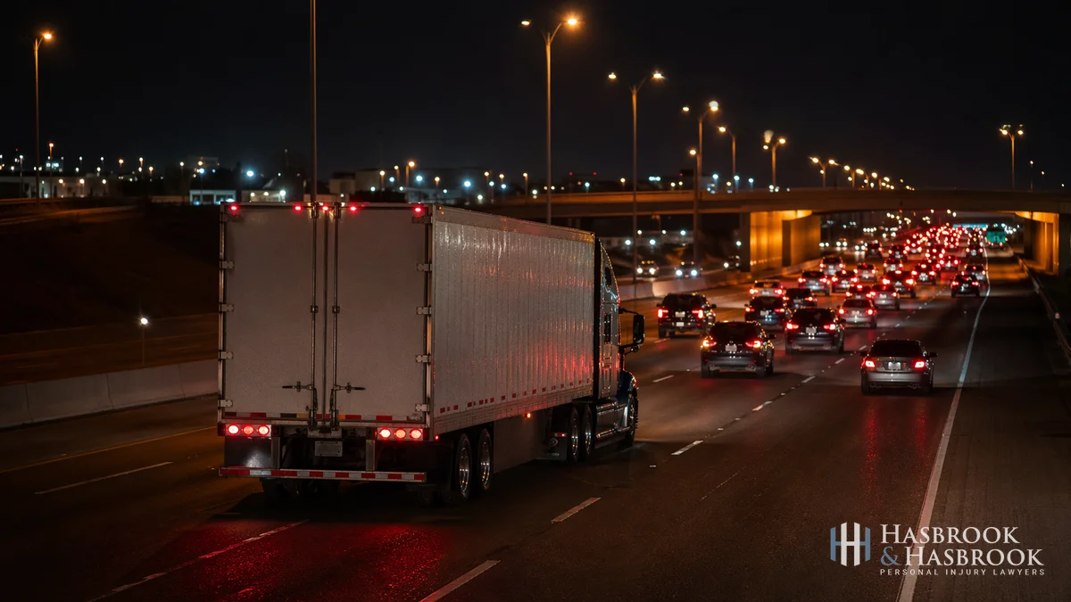 I-40 Truck Traffic at Night Semi-truck on I-40 through Midwest City at night with brake lights visible in surrounding traffic