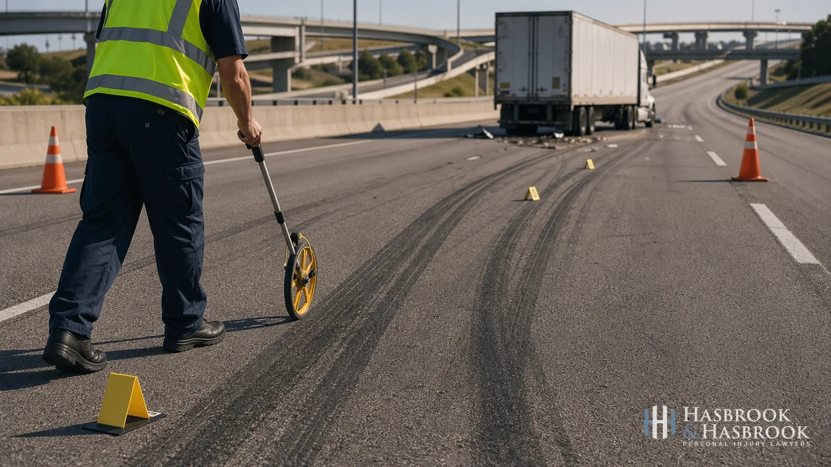 Truck Accident Reconstruction Accident reconstruction expert measuring skid marks on I-40 near the Midwest City interchange