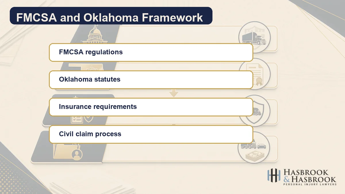 FMCSA and Oklahoma Regulatory Framework Four-layer regulatory diagram showing FMCSA and Oklahoma statute framework for commercial truck claims