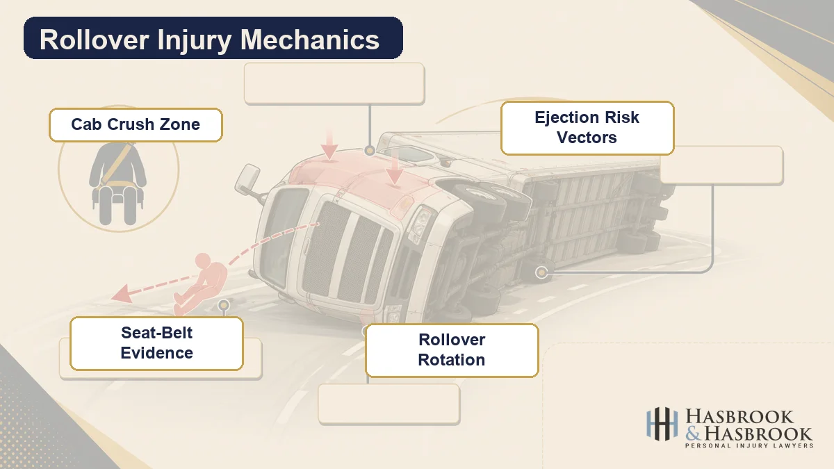 Rollover Cab Crush Diagram Illustration of cab crush zone and ejection risk vectors in a commercial truck rollover