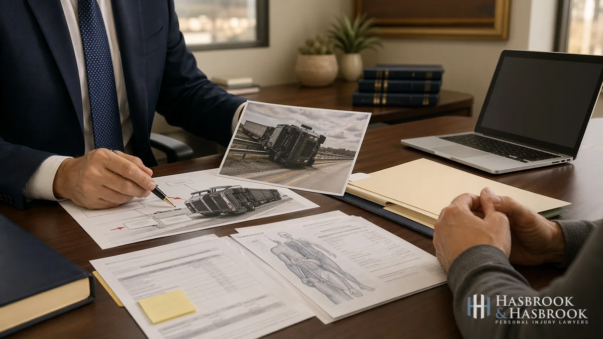 Rollover Case Consultation Attorney reviewing rollover truck accident documents with a client at a desk