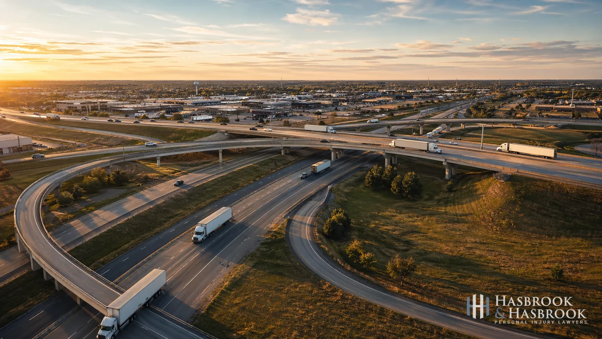 I-40 Interchange Truck Traffic Aerial view of I-40 interchange ramps near Midwest City with commercial truck traffic