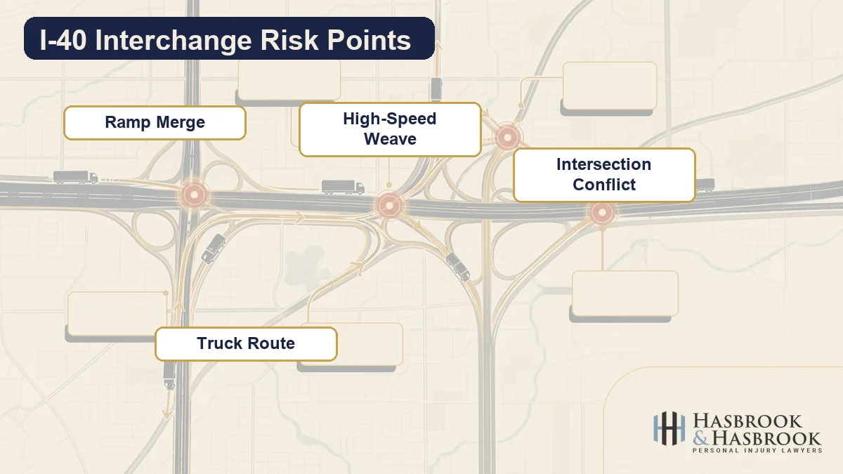 Stylized I-40 interchange map showing high-risk intersection points near Midwest City