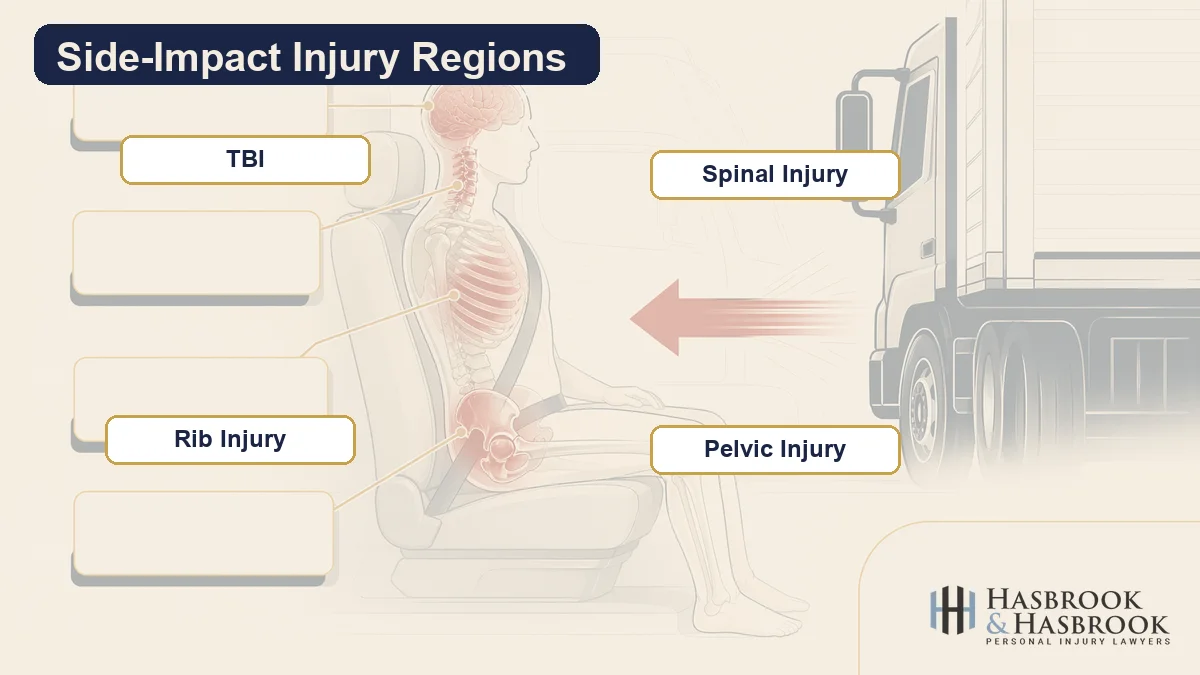 Clinical diagram of common side-impact truck crash injuries including TBI, spinal, rib, and pelvic injuries