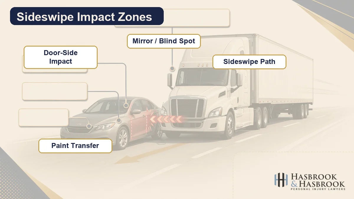 Sideswipe Impact Zones Graphic showing a passenger car sideswiped by a commercial truck with labeled door-side impact zones