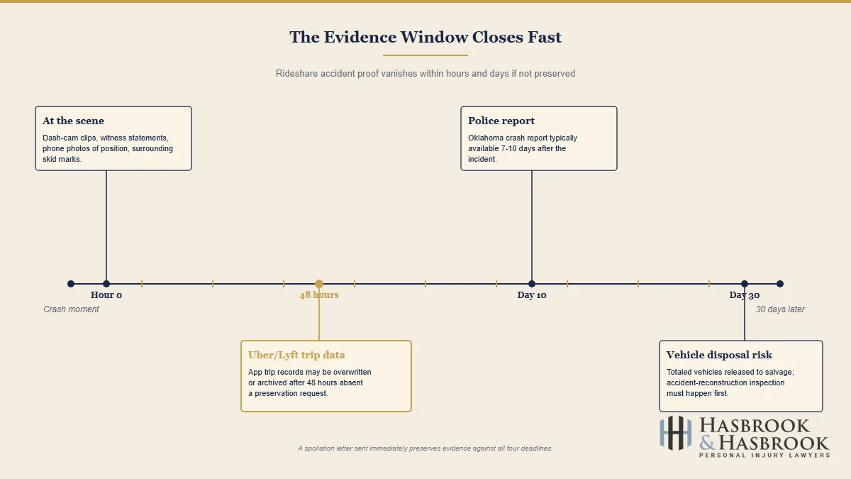 Evidence preservation timeline for rideshare accident claims: hour zero through day 30