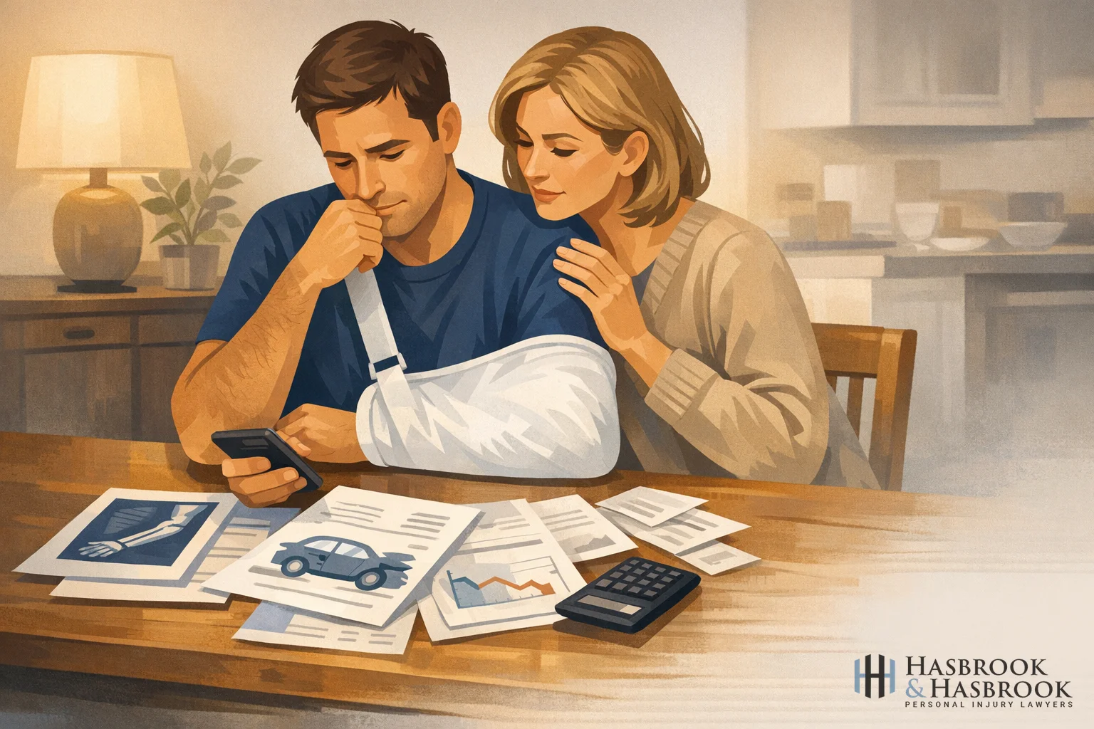 Illustration of a family reviewing crash-related bills and estimates