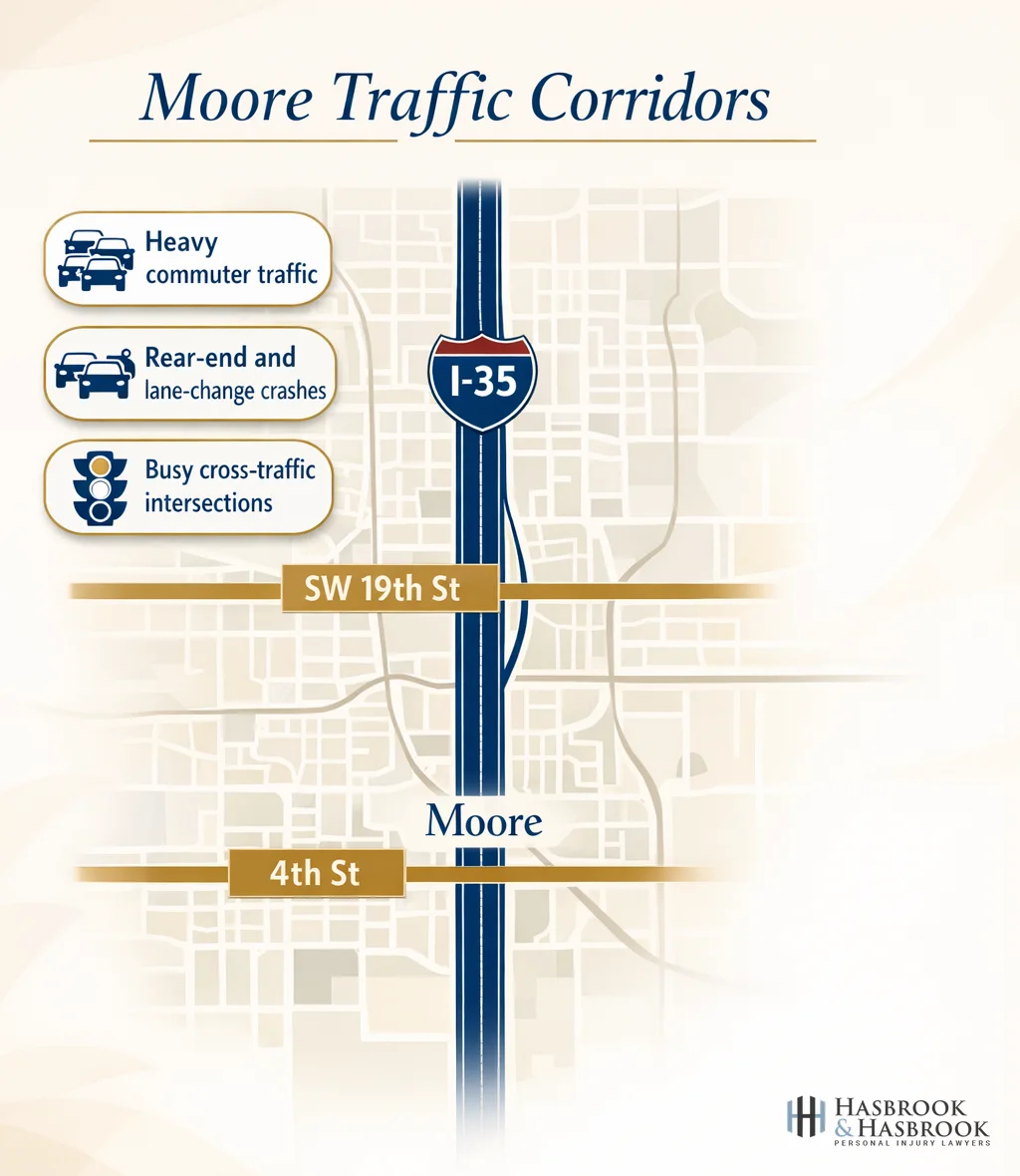 Infographic map of I-35, SW 19th Street, and 4th Street in Moore