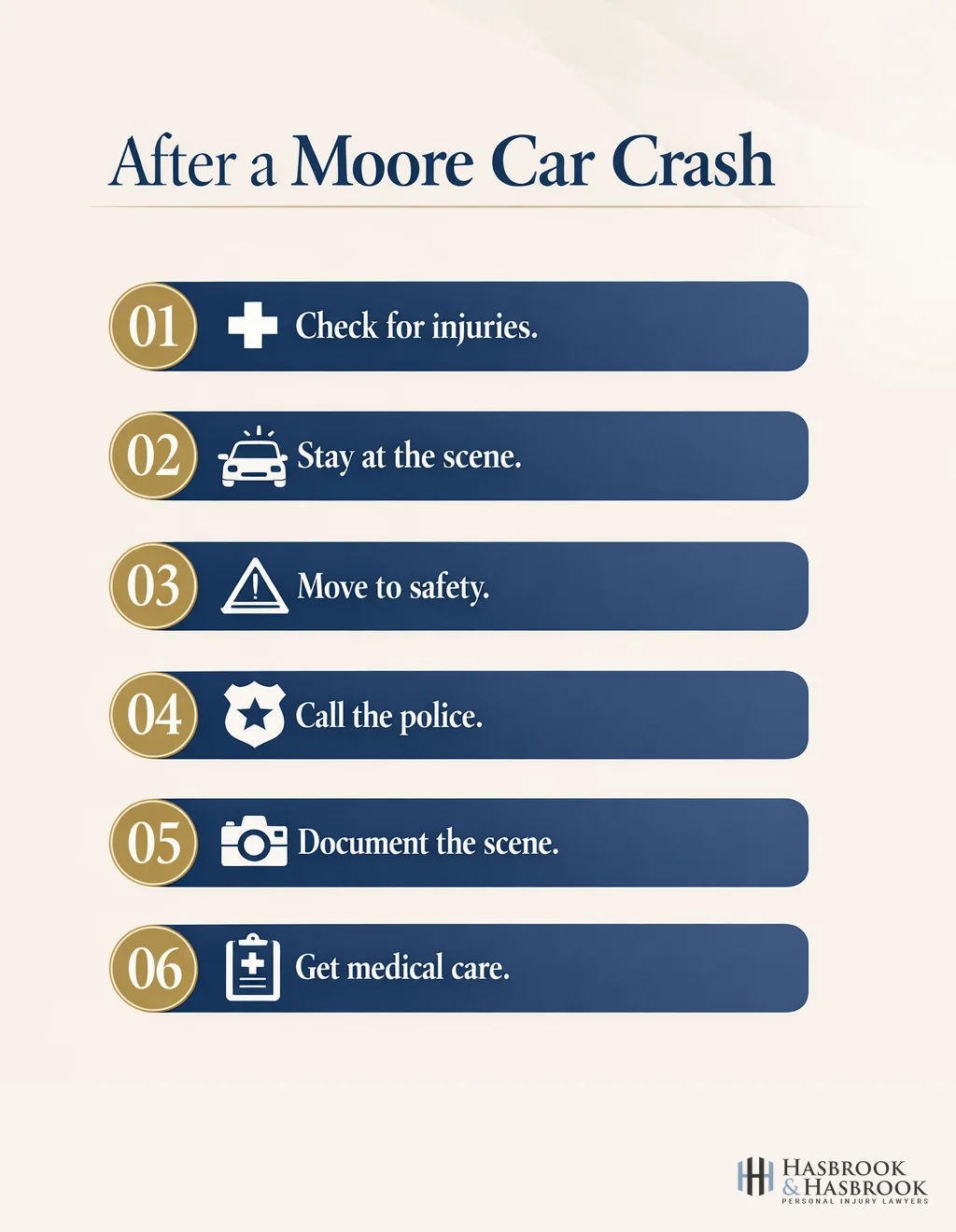 Checklist infographic with key steps after a Moore car crash