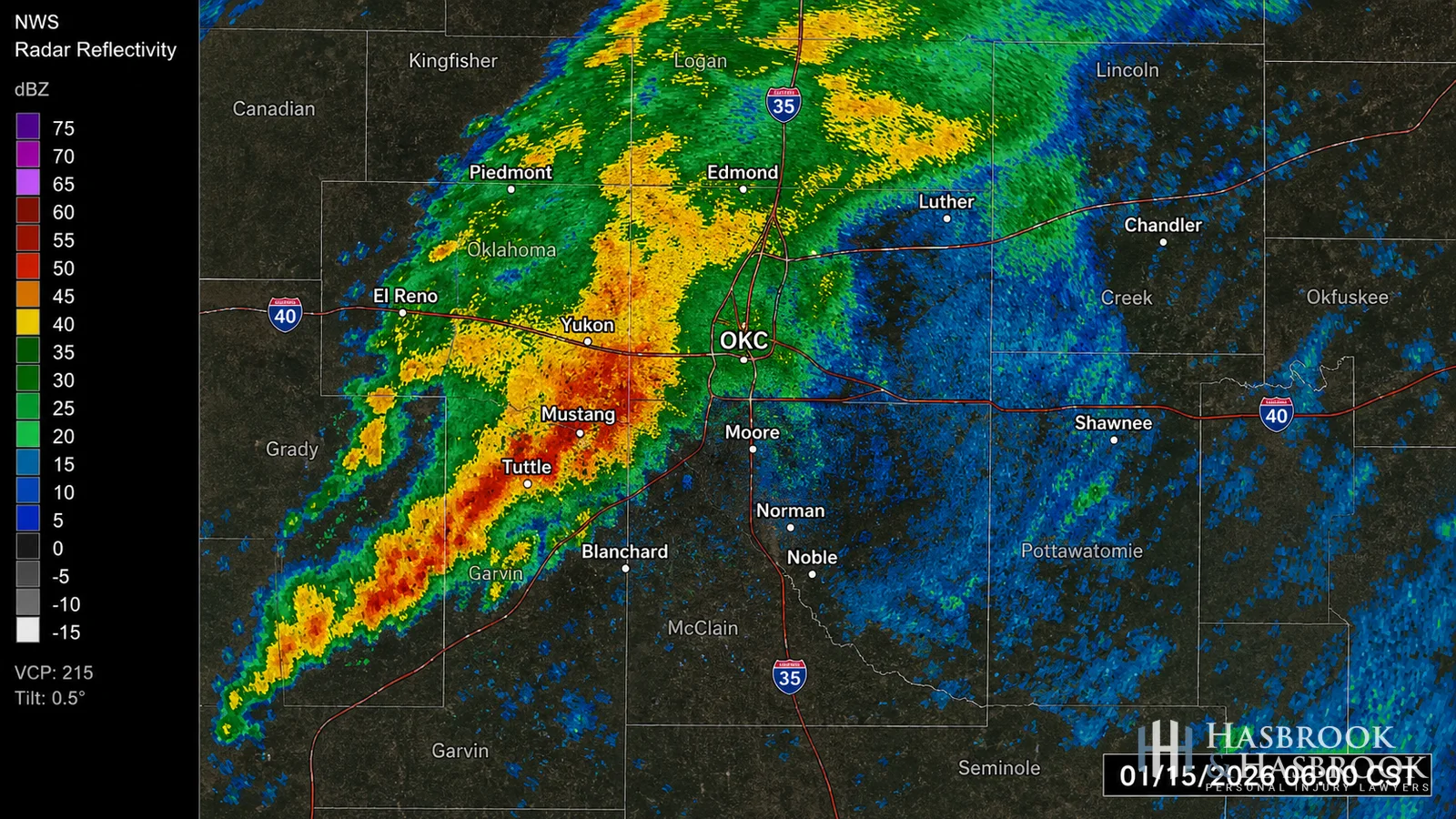 Weather radar display showing a winter storm cell over Oklahoma City