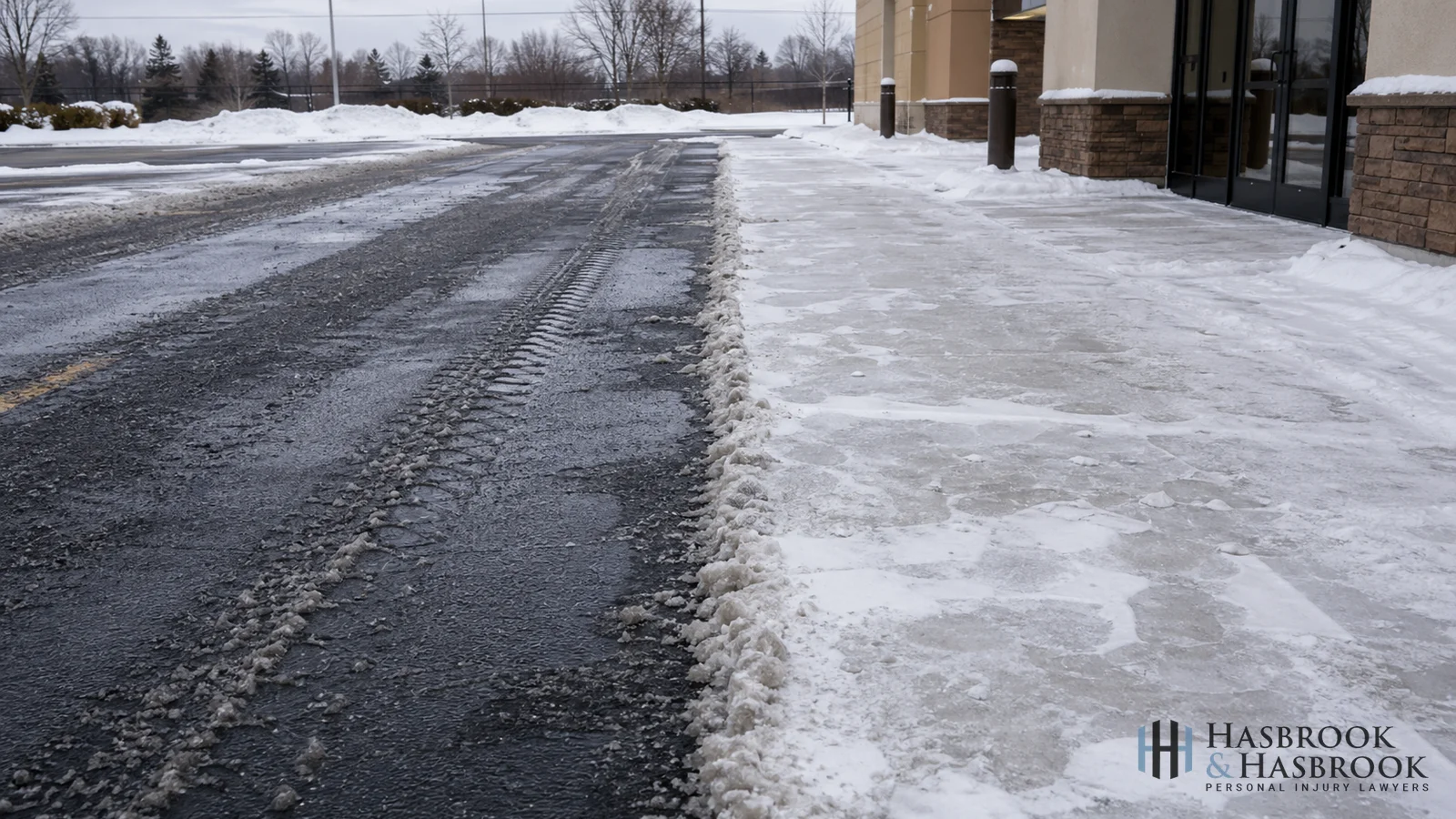 Commercial parking lot showing a treated lane beside an untreated icy zone near the building entrance