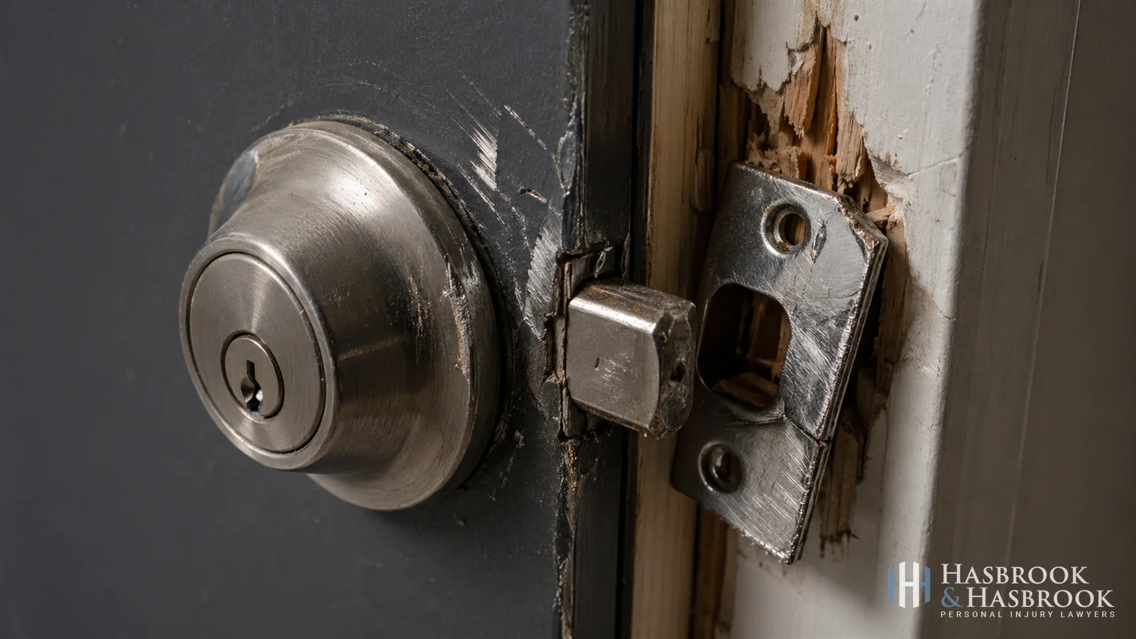 Broken door lock close-up showing damaged hardware