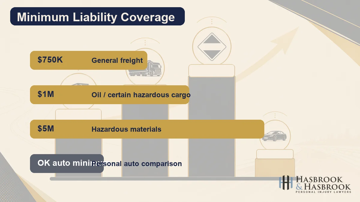 Infographic showing FMCSA commercial truck liability coverage tiers and Oklahoma personal auto coverage comparison