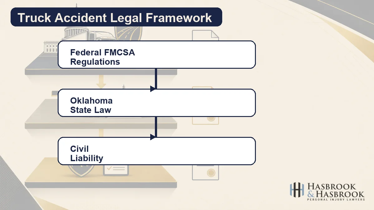 Layered diagram of federal FMCSA regulations, Oklahoma state law, and civil liability in a truck accident claim