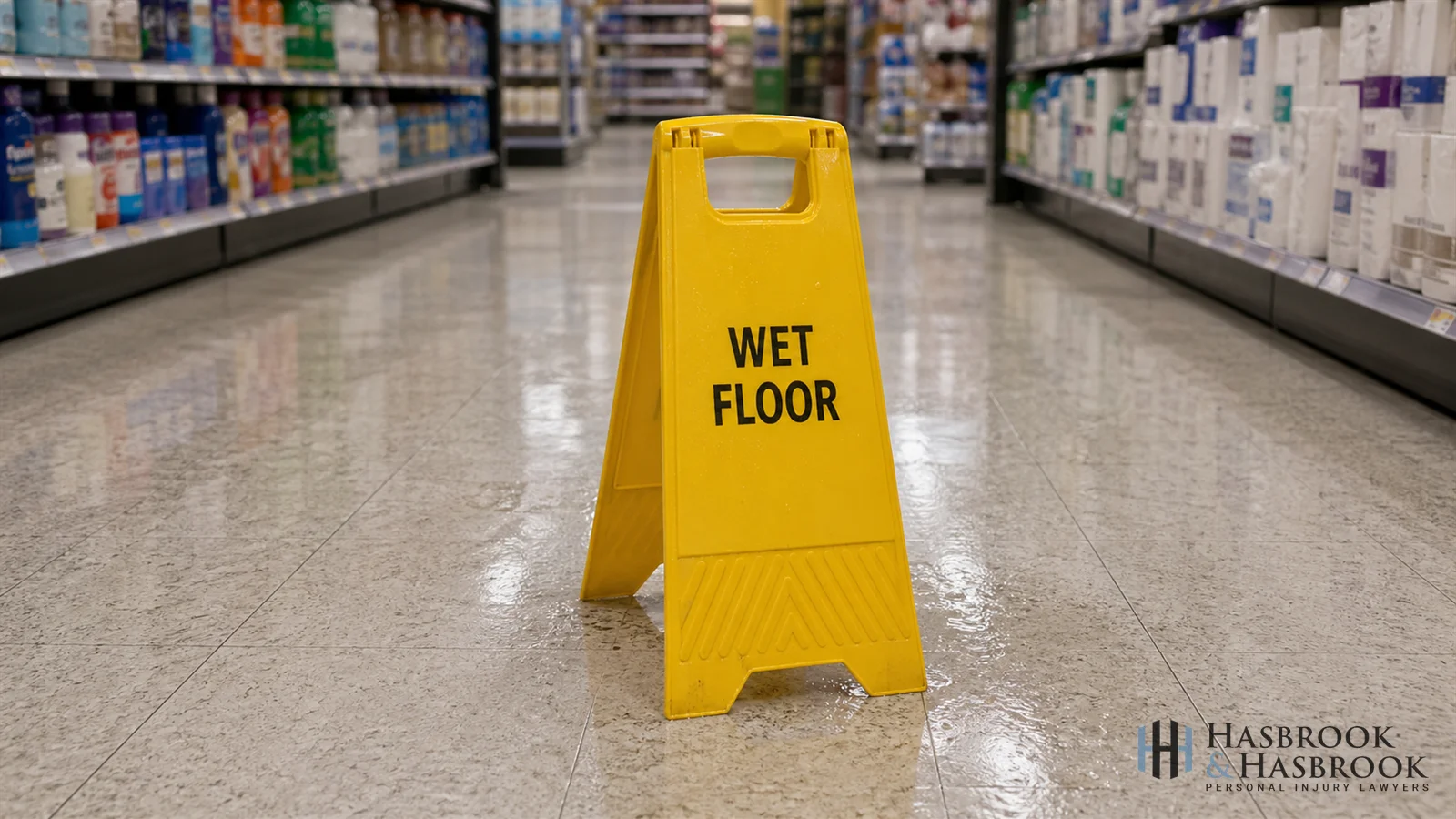 Store aisle with yellow wet floor warning cone