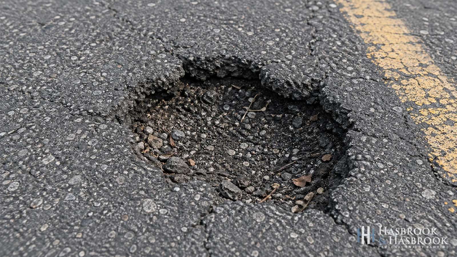 Close-up of parking lot pothole in weathered asphalt