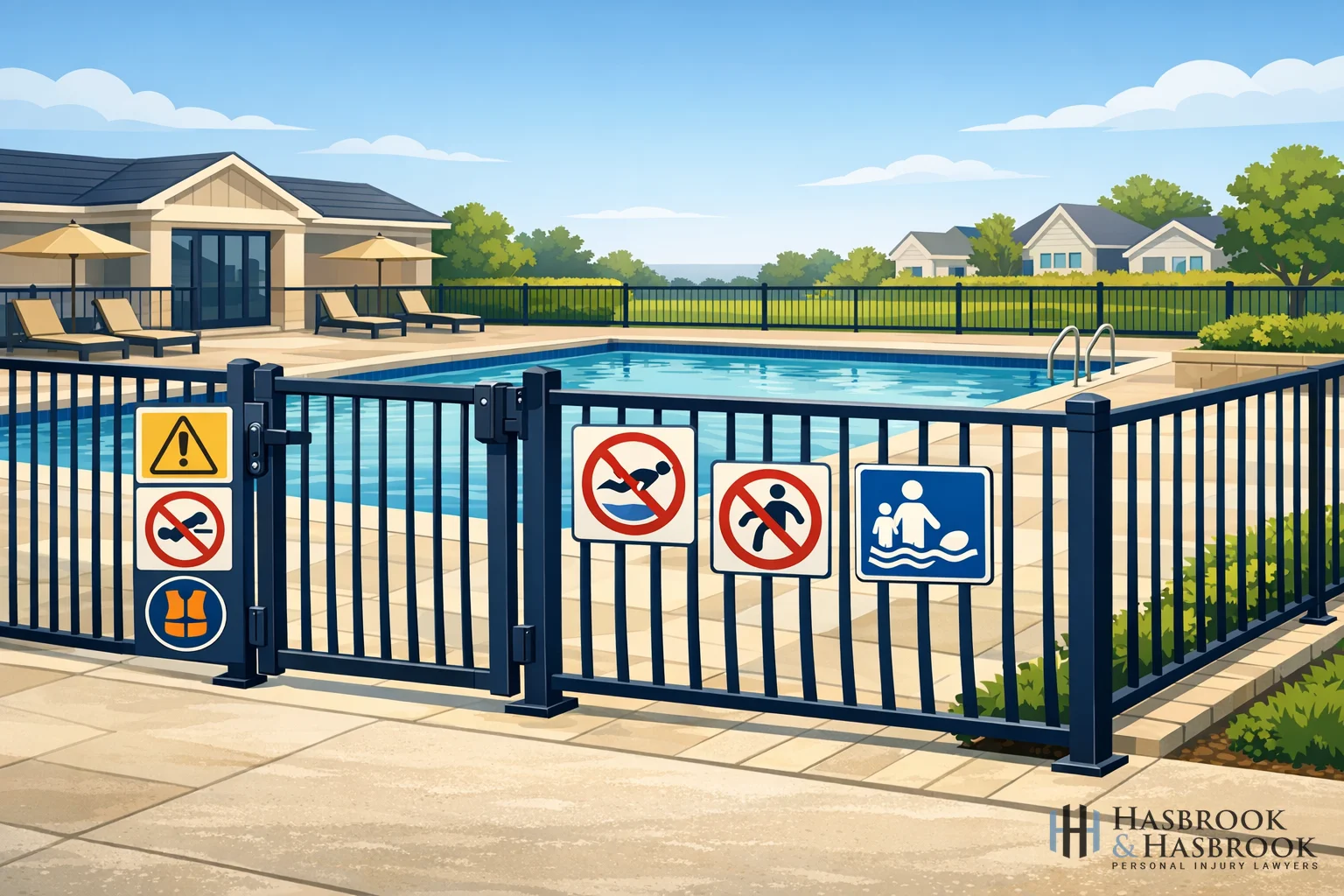 Illustration of a pool with safety fencing and warning signs