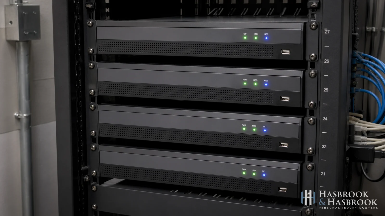 Server rack housing DVR and NVR units storing surveillance footage