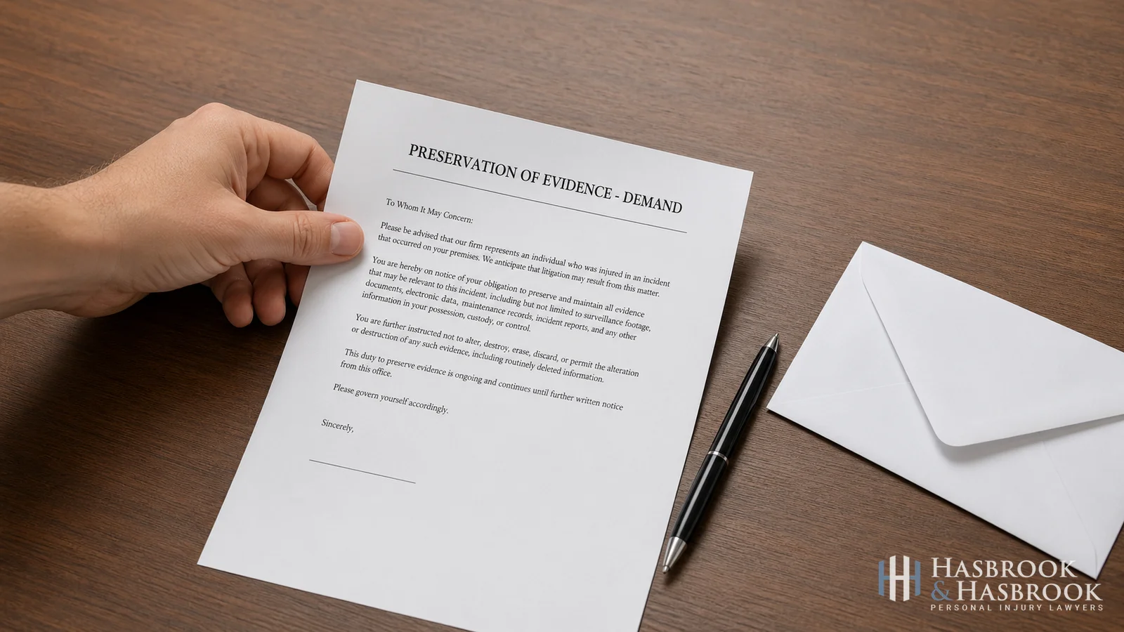 Hand placing a formal evidence preservation letter on a desk beside a pen and envelope