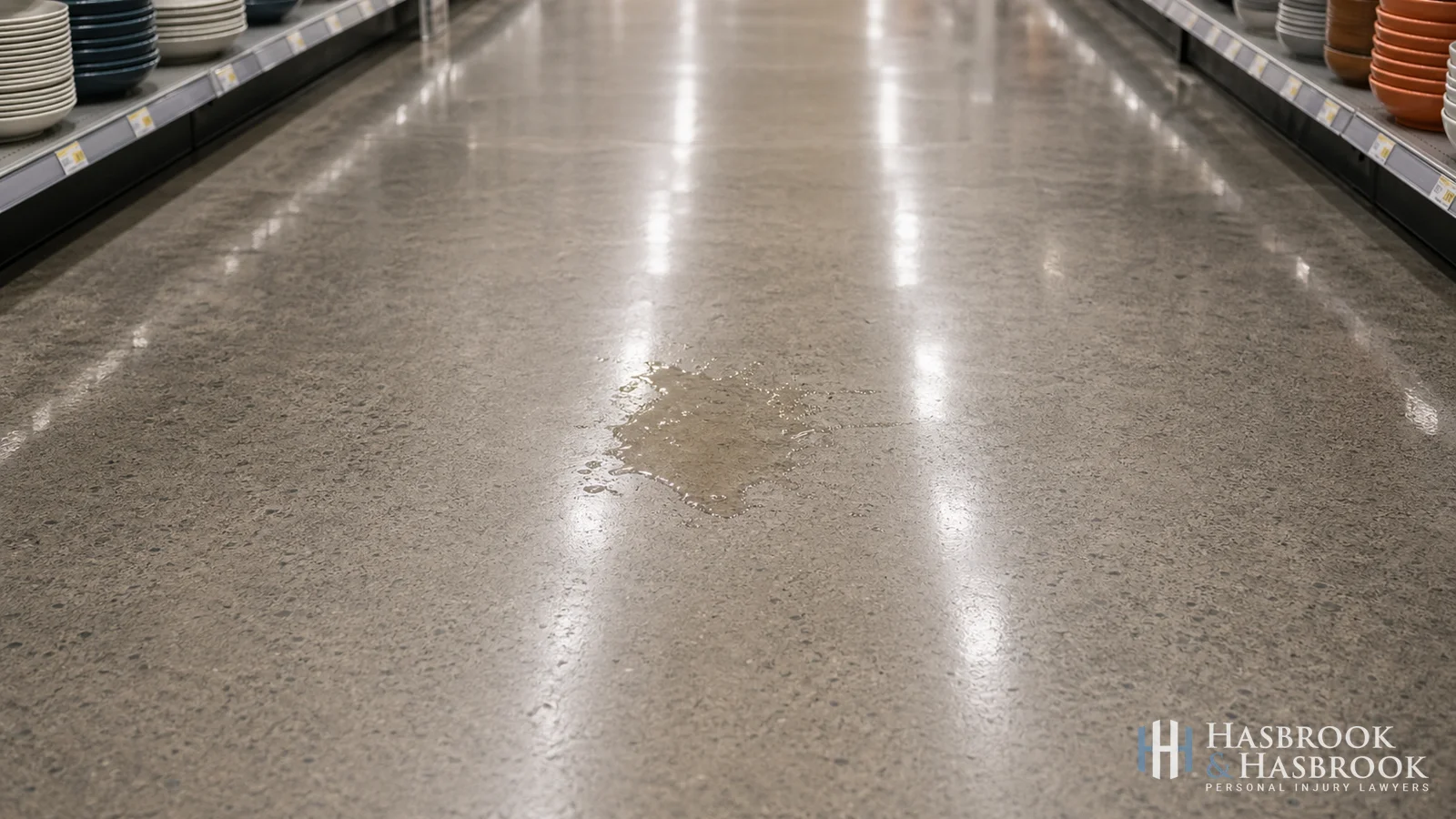 Top-down view of a clear liquid spill in a retail store aisle