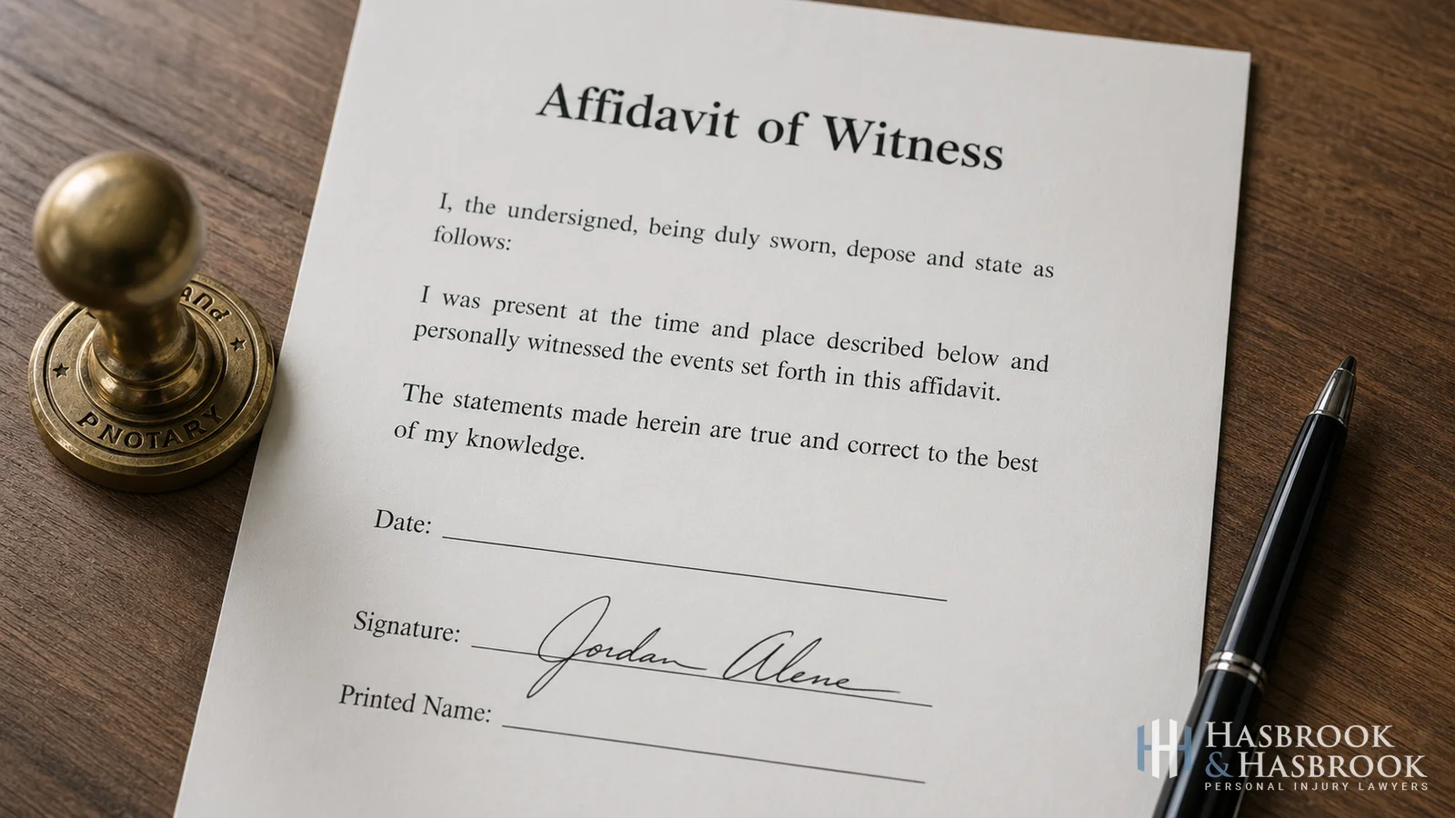 Signed witness affidavit on a desk beside a notary embosser &mdash; formal sworn statement in a premises liability claim