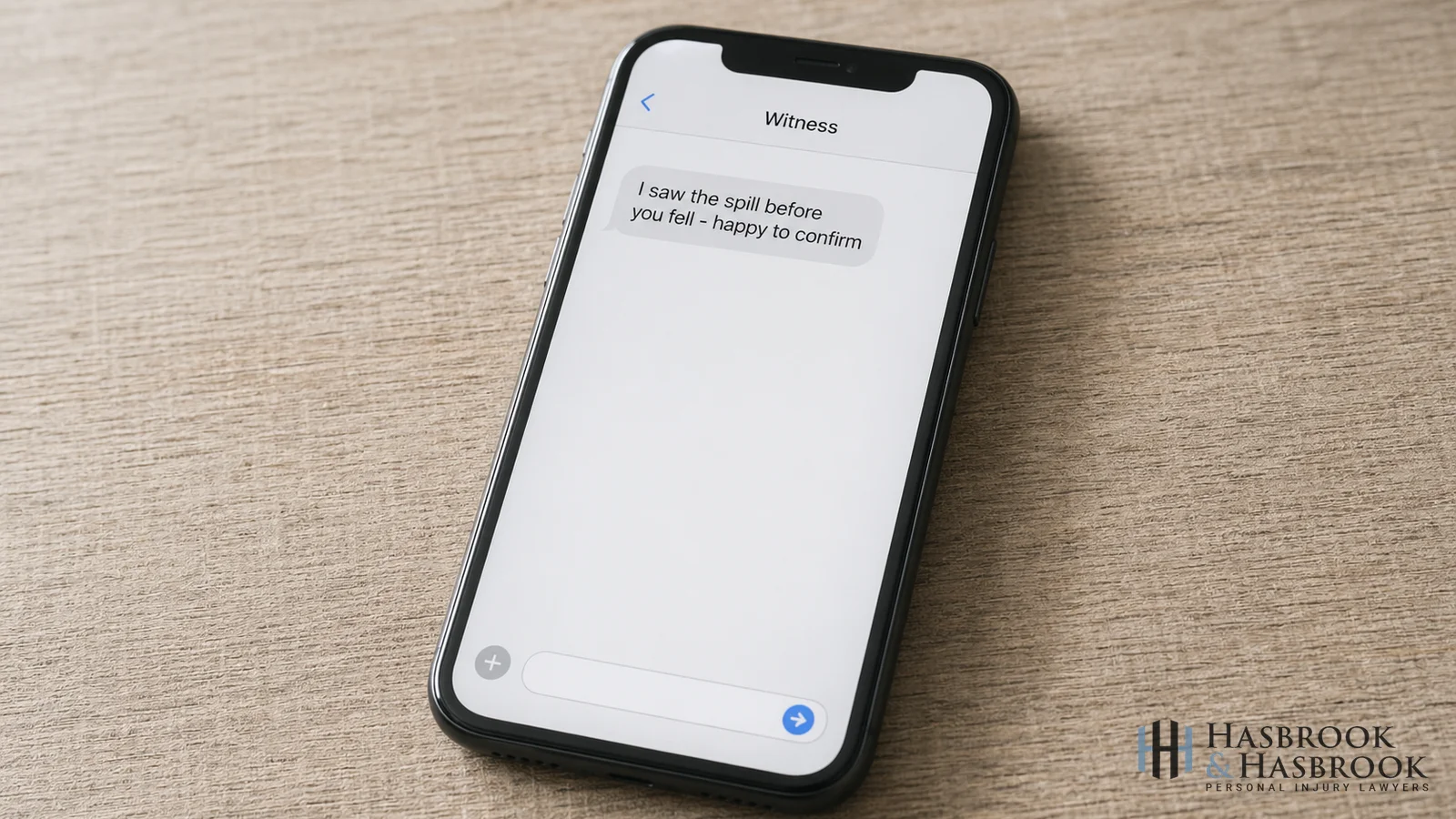 Smartphone screen showing a text message exchange with a witness after a slip-and-fall accident