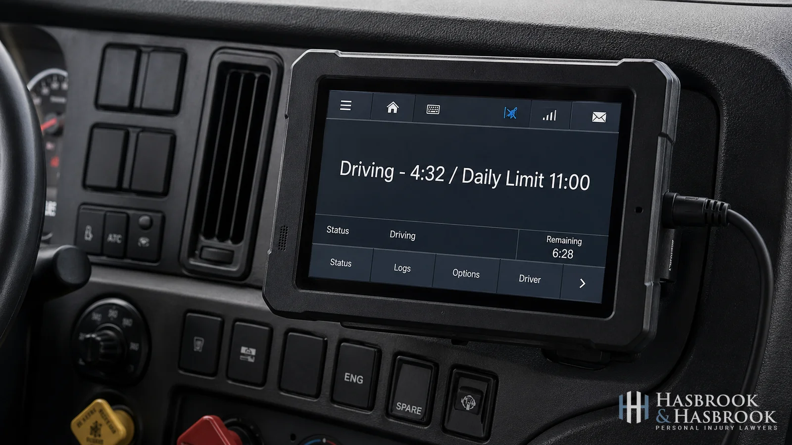 Electronic logging device screen mounted in a commercial truck cab dashboard