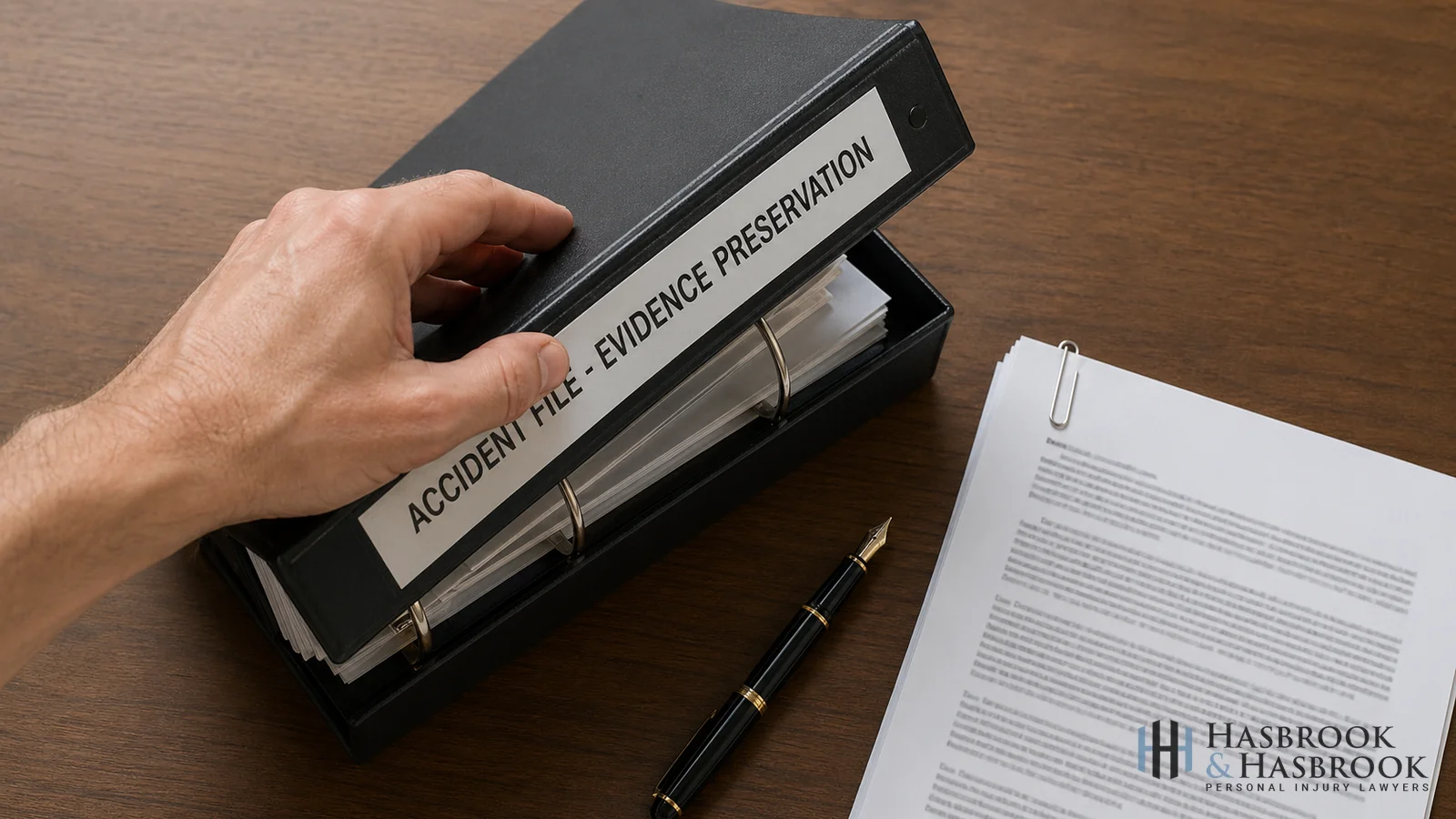 Hand opening an accident evidence preservation binder