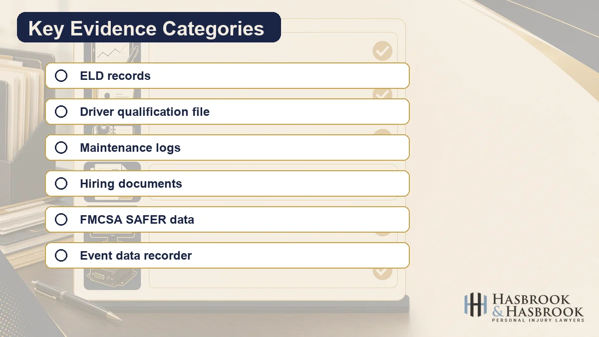 Checklist graphic listing ELD records, driver qualification file, maintenance logs, hiring documents, FMCSA SAFER data, and event data recorder