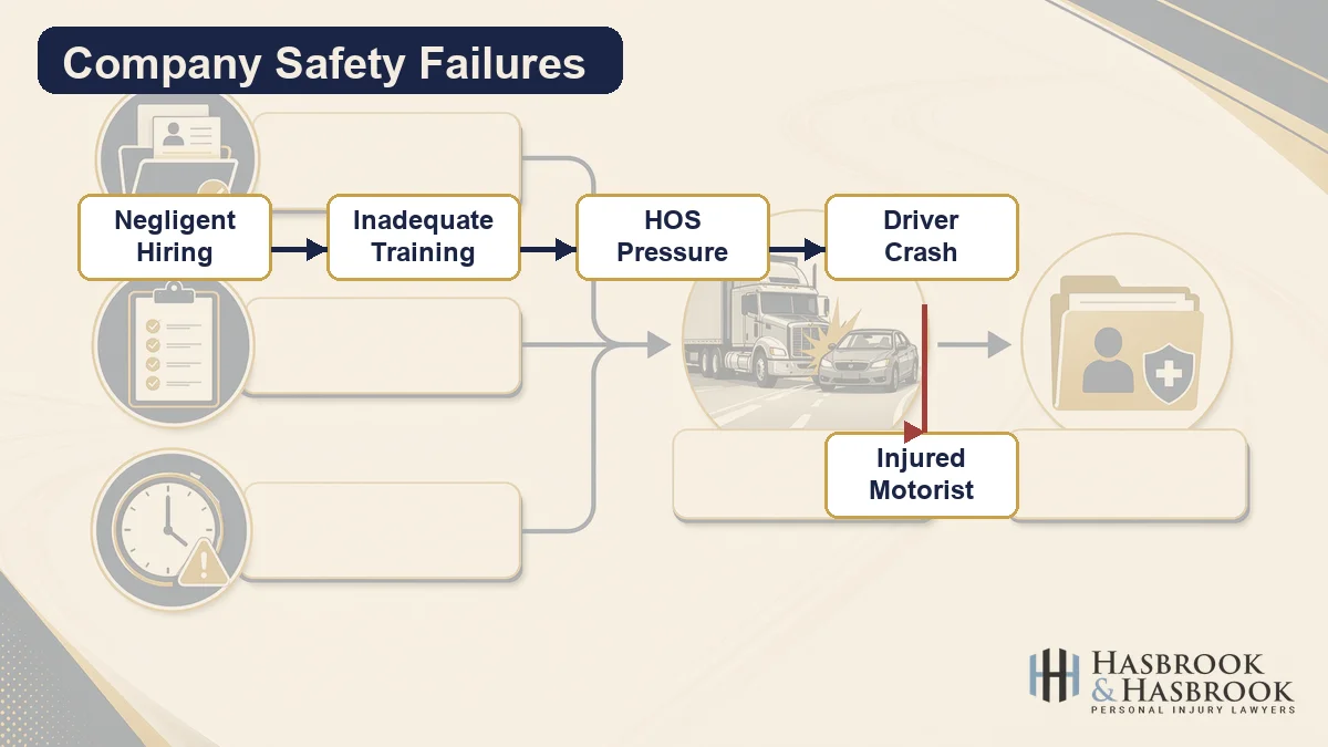 Flow diagram showing trucking company safety failures leading to a crash and injured motorist