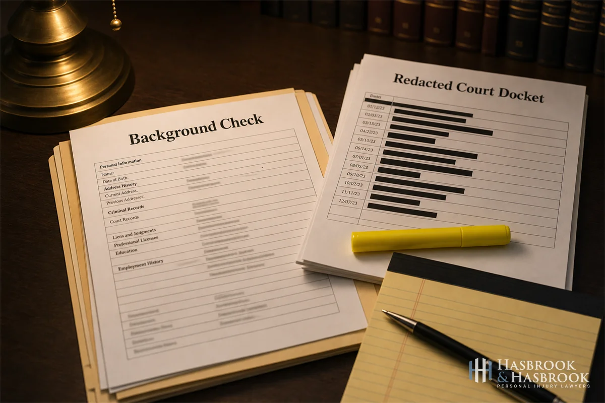 Close-up of a desk with a printed background-check report, a highlighter, and a redacted court docket page