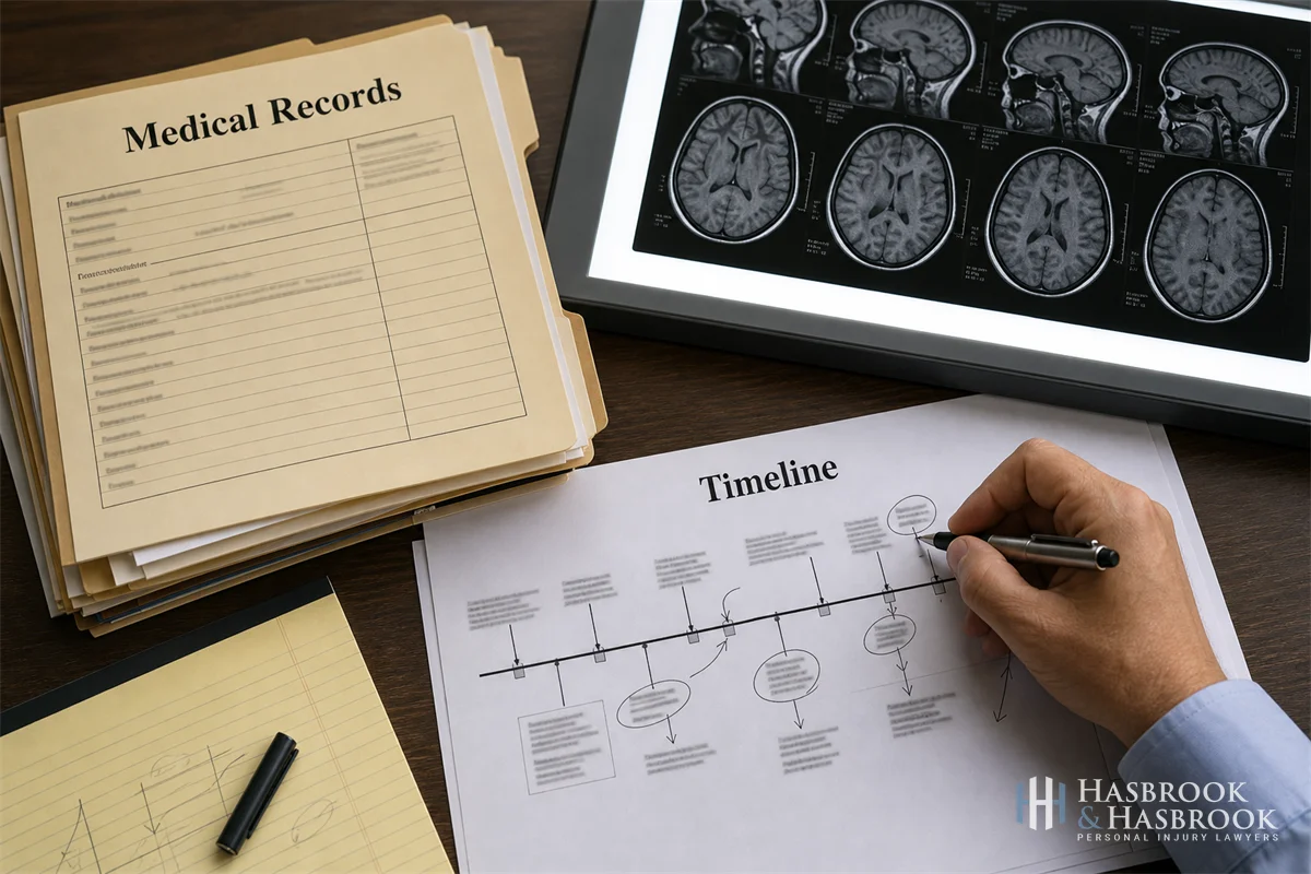 A flat-lay of medical record folders, an MRI film against a light box, and a hand annotating a timeline diagram.