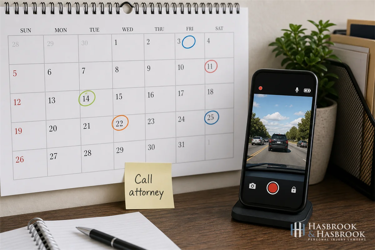 A wall calendar with several dates circled in different colors, a sticky note reading "Call attorney," and a phone displaying a generic dashcam app.