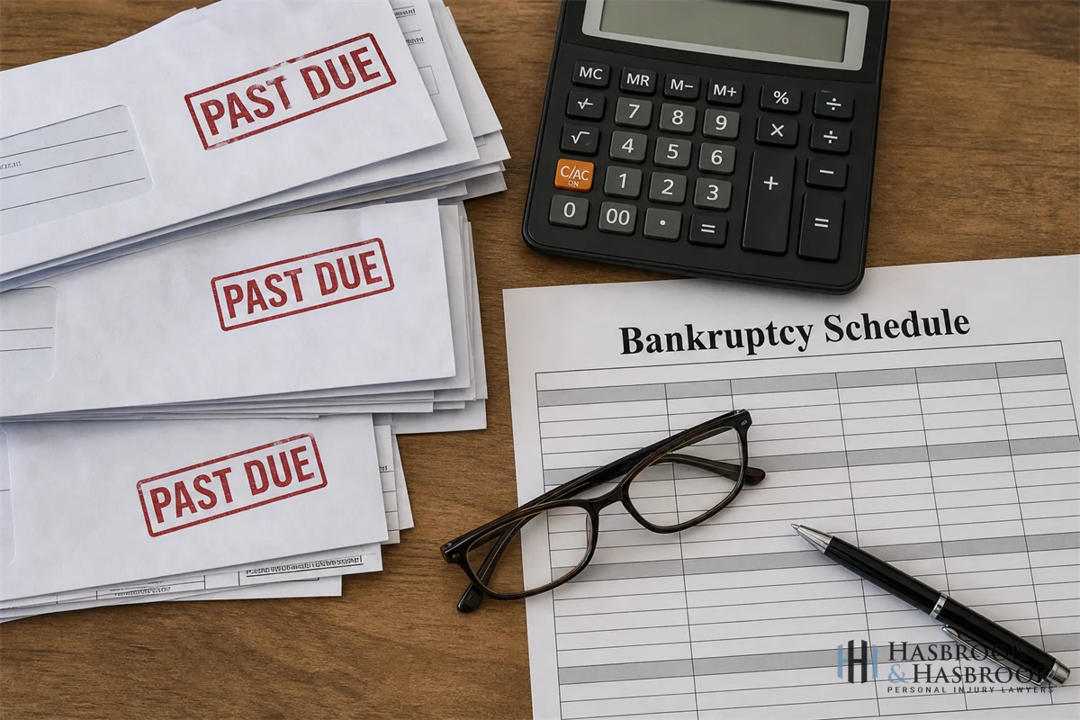 A desk scene with a calculator, a stack of unopened bills marked "PAST DUE," a printed bankruptcy schedule form, and a pair of reading glasses.