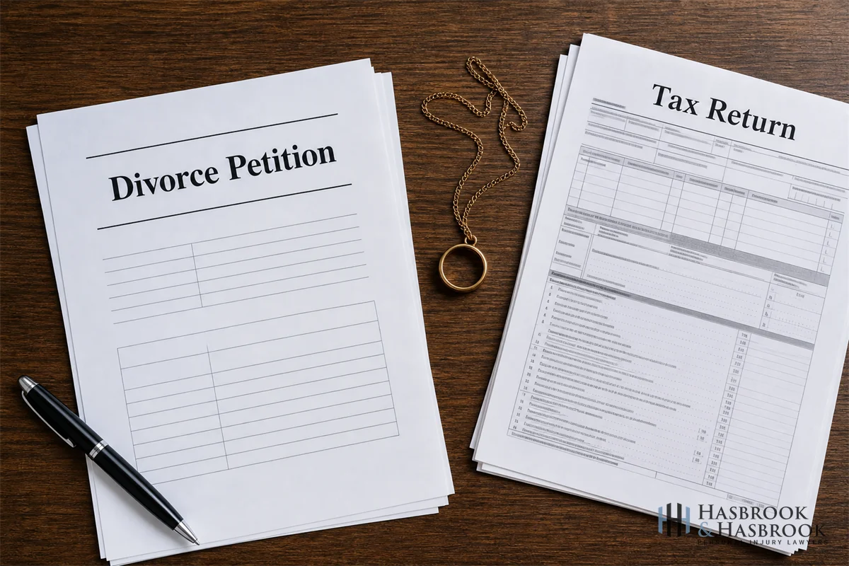 A neutral overhead shot of a wooden desk with a divorce petition cover sheet, a wedding band on a chain placed beside it, and a tax-return printout.