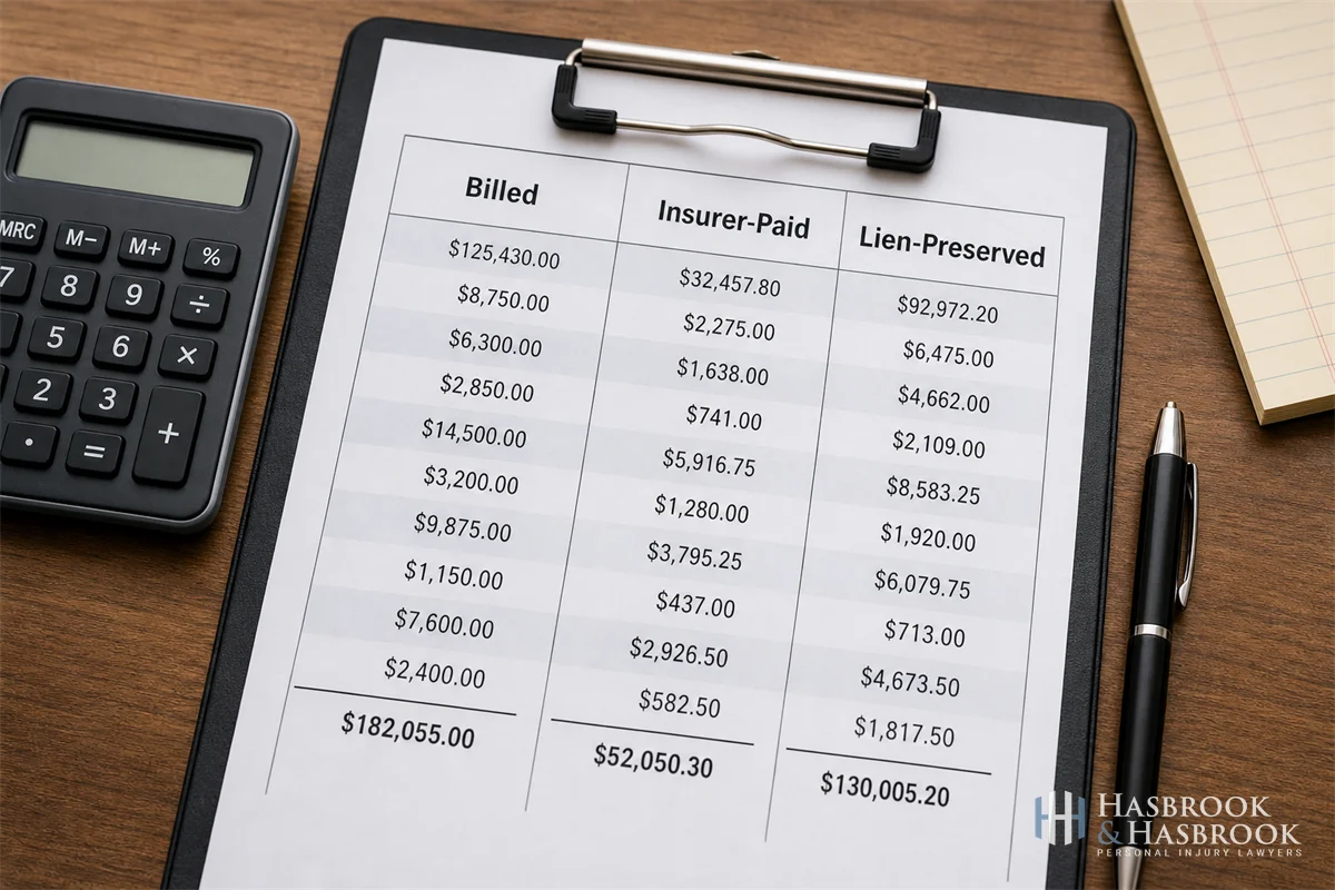 Admissibility of Medical Bills: Paid vs. Incurred in Injury Cases 1 split-frame illustration showing three columns of dollar figures (billed / insurer-paid / lien-preserved) on a clipboard with calculator and pen, no people