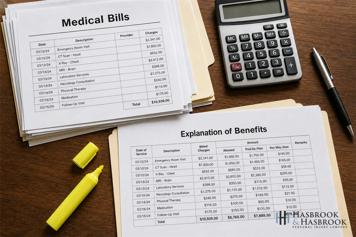Admissibility of Medical Bills: Paid vs. Incurred in Injury Cases 11 object scene of medical bills, EOB, and a yellow highlighter on a desk with a calculator and a pen, no faces
