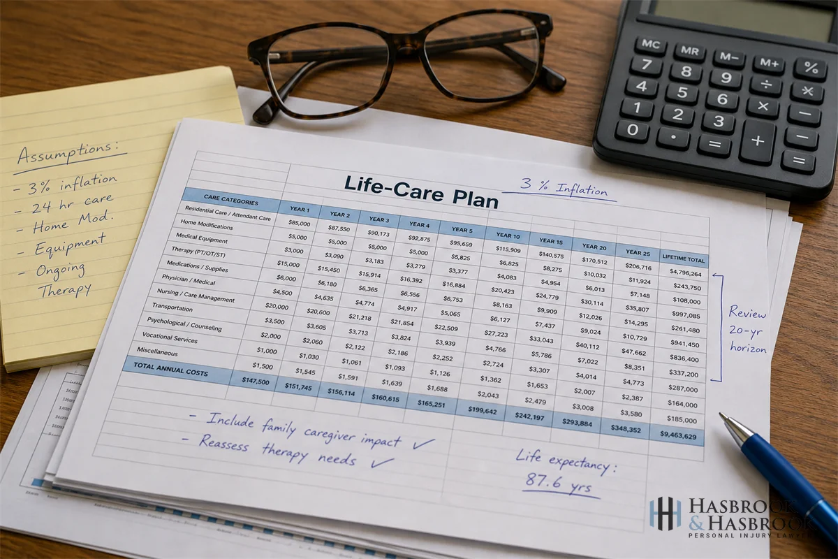Spinal Cord Injury Referral Guide | Oklahoma Attorney Resource 10 hand-annotated life-care-plan spreadsheet with calculator and reading glasses on a wooden desk