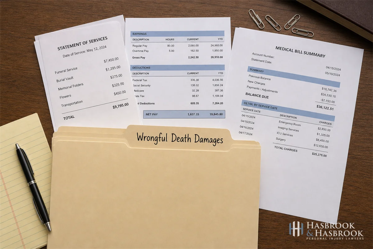 Manila folder labeled wrongful death damages with itemized funeral receipt, payroll stub, and medical bill summary on top