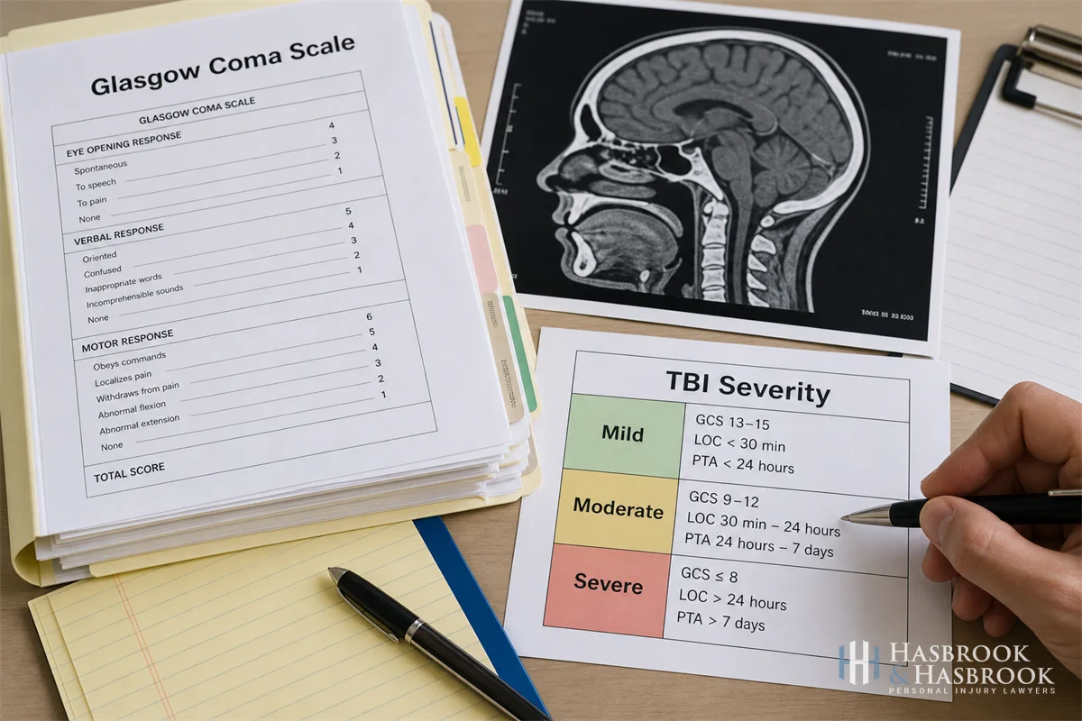 a neurology clinic desk with a stack of medical records labeled "Glasgow Coma Scale," a CT scan printout showing a sagittal brain view, and a hand holding a pen pointing at a chart of TBI severity tiers