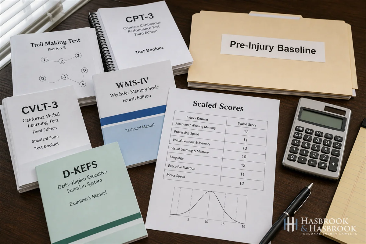 a neuropsychologist's office desk with a stack of test booklets, a results report showing scaled scores in cognitive domains, a calculator, and a folder labeled "Pre-Injury Baseline"