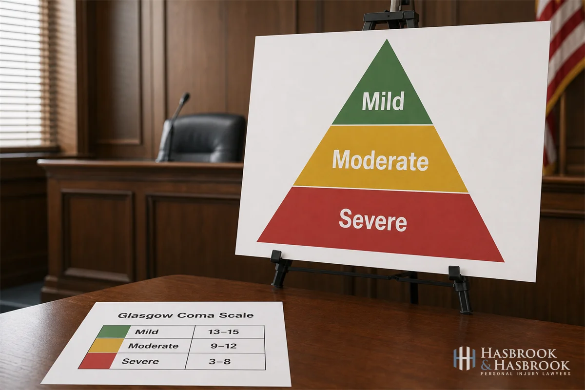 a courtroom demonstrative easel showing a tiered diagram with mild, moderate, and severe TBI, alongside a paper showing the Glasgow Coma Scale ranges