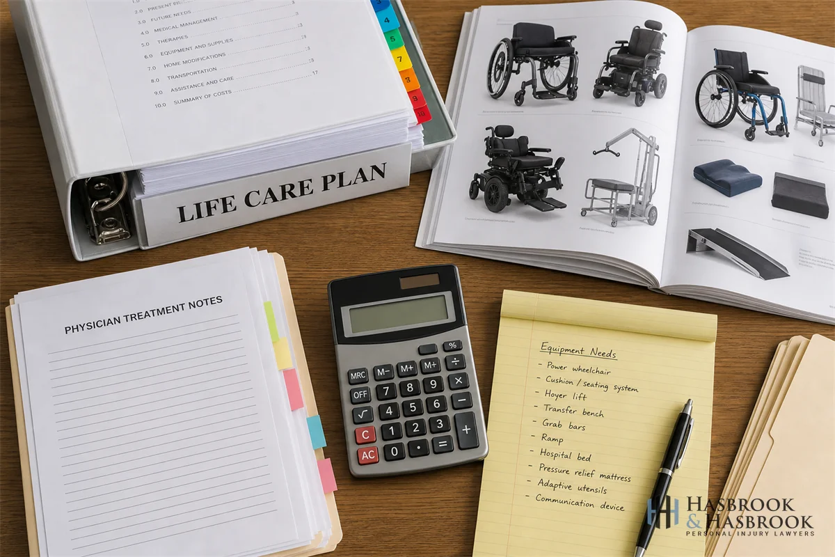 overhead shot of a thick three-ring binder labeled LIFE CARE PLAN open on a desk, beside a wheelchair manufacturer catalog, a calculator, and a stack of physician treatment notes